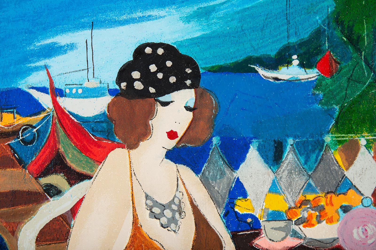 Itzchak Tarkay Seaside Portrait Art Orig Oil Painting on Canvas Signed Cert For Sale 7