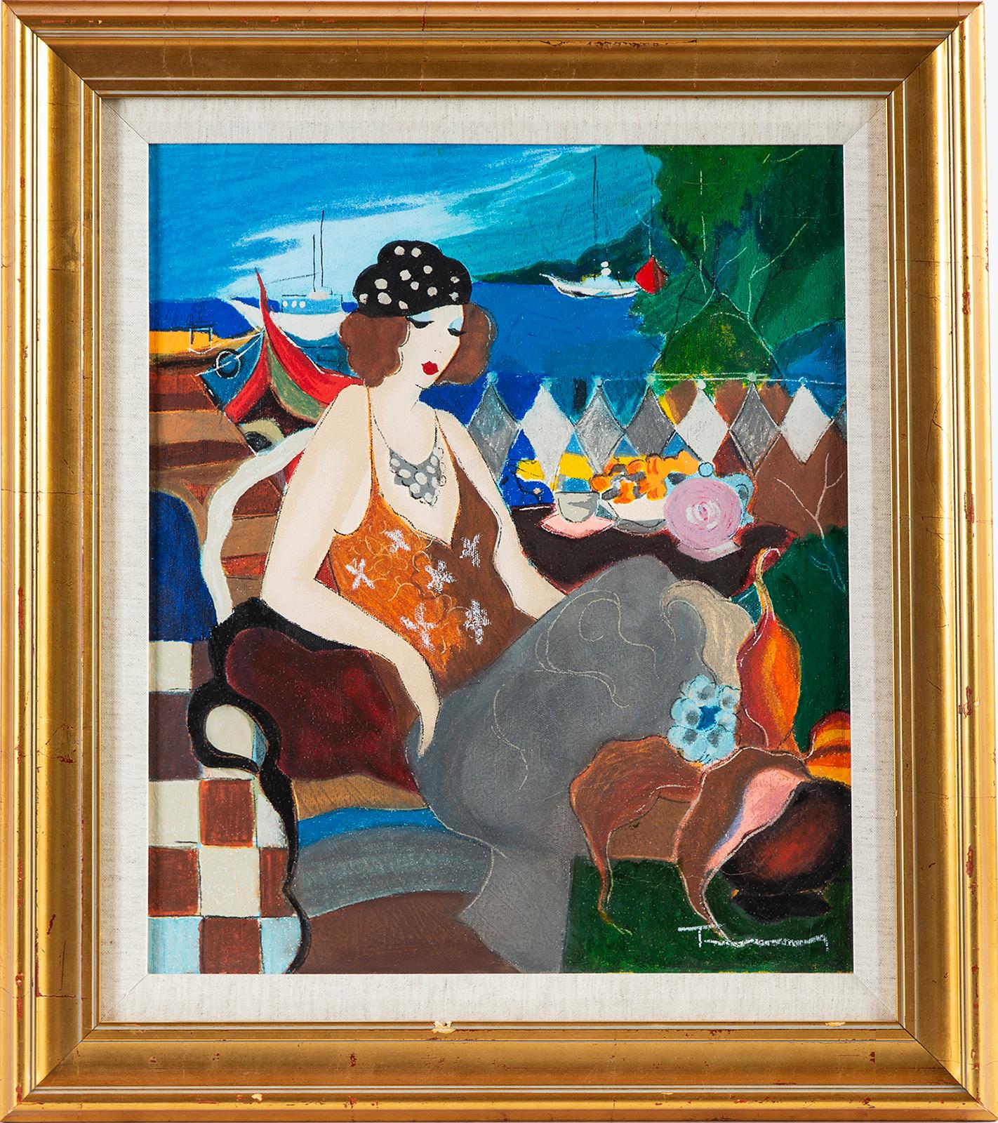 Itzchak Tarkay - Untitled
Acrylic on canvas
Size 22 x 18 inches
Framed
Perfect condition. Certificate of Authenticity included.

Typical of the Itzchak Tarkay’s style, this leisurely parlor scene builds a slight anticipation with the organization of