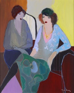 'The Conversation Piece', oil on canvas by Isaac Tarkay. Framed