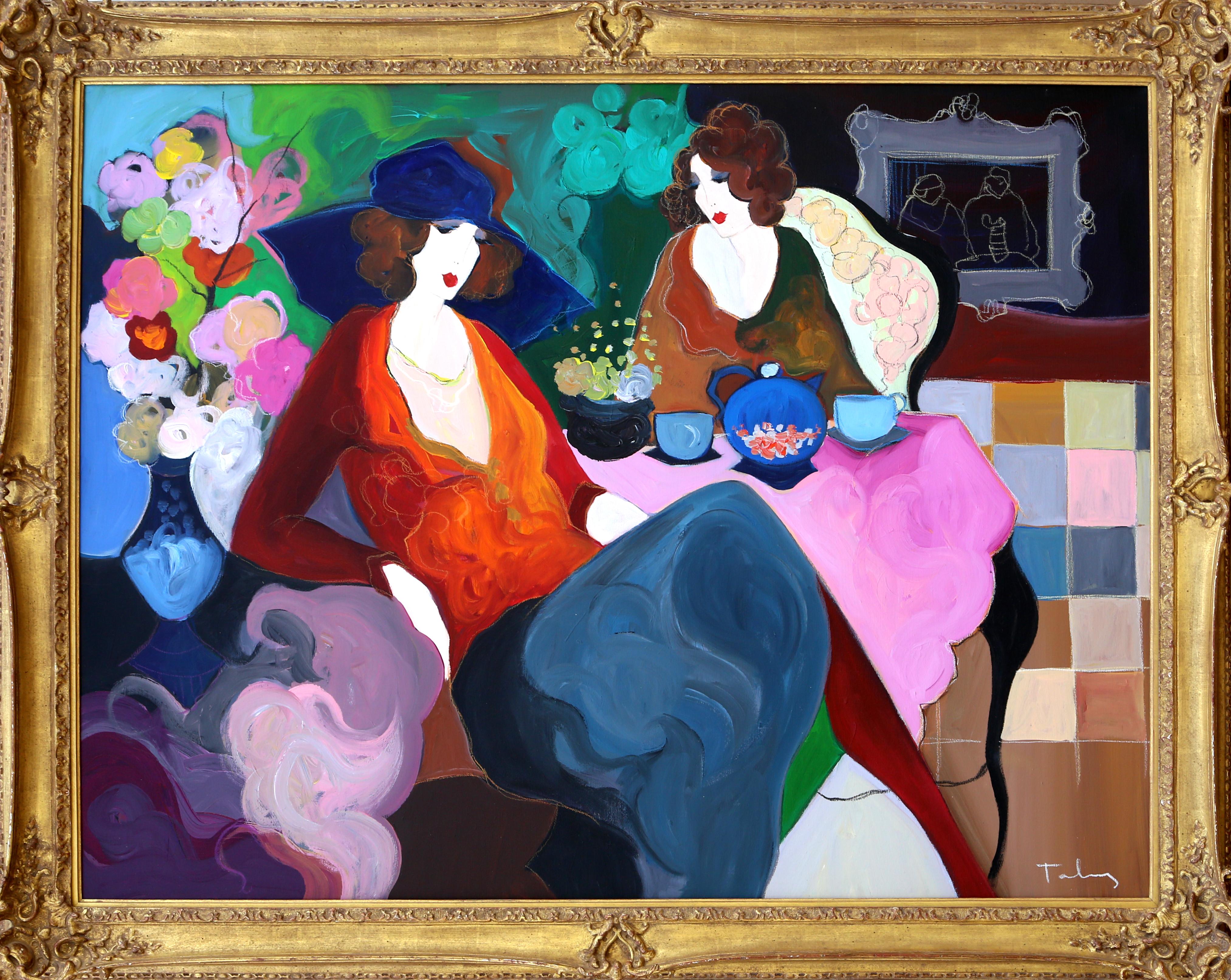 Two Women Enjoying Tea, Large Painting by Itzchak Tarkay