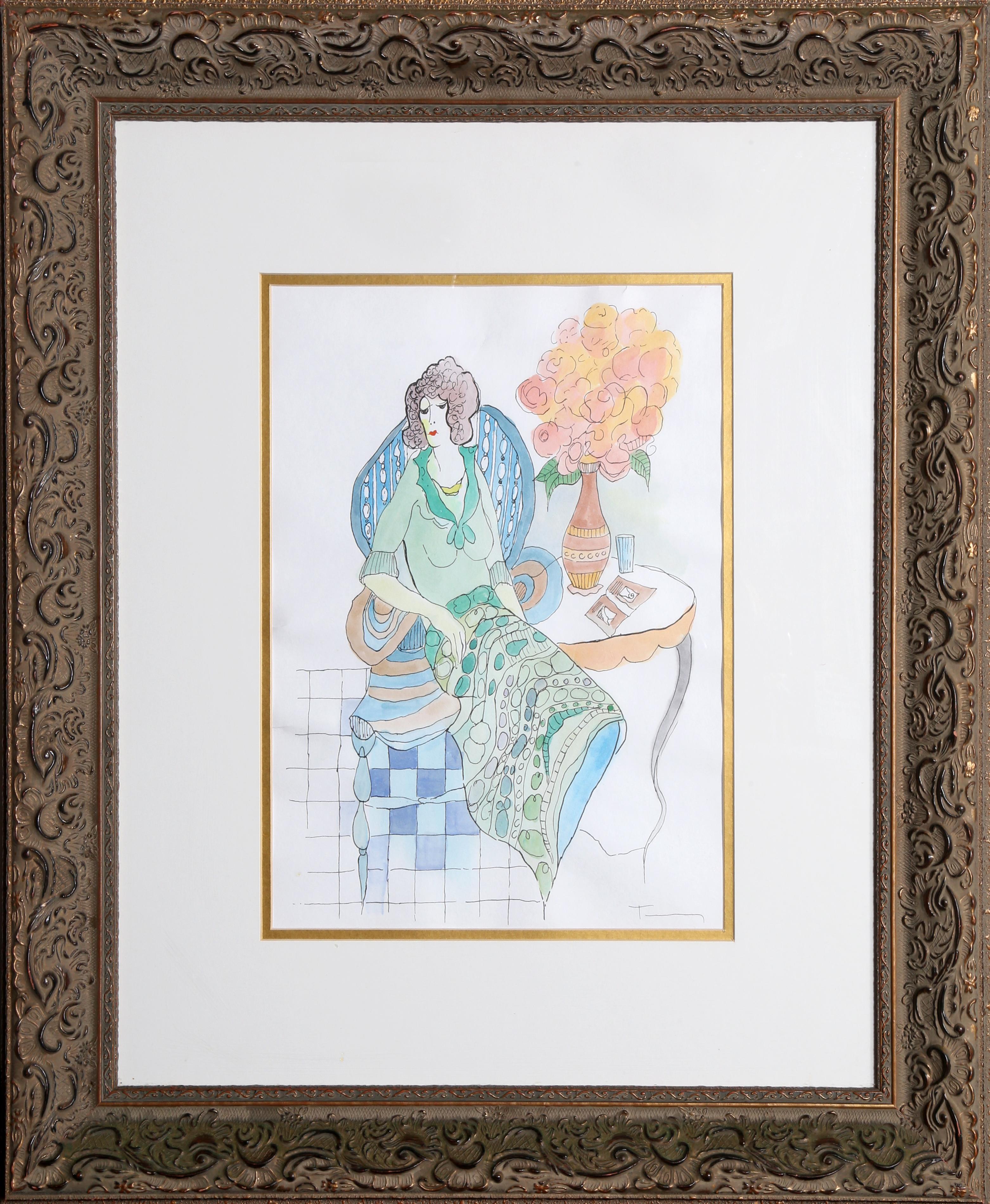 Eleganza della signora seduta, acquerello moderno di Itzchak Tarkay
