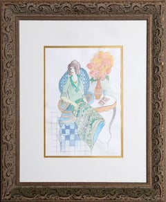 Eleganza della signora seduta, acquerello moderno di Itzchak Tarkay