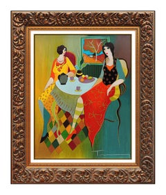 Vintage Itzchak Tarkay Color Serigraph on Canvas Signed Female Portrait Cafe Artwork SBO