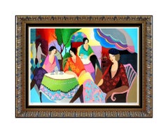 Itzchak Tarkay Noonday Chat Cafe Large Embossed Color Serigraph Hand Signed Art