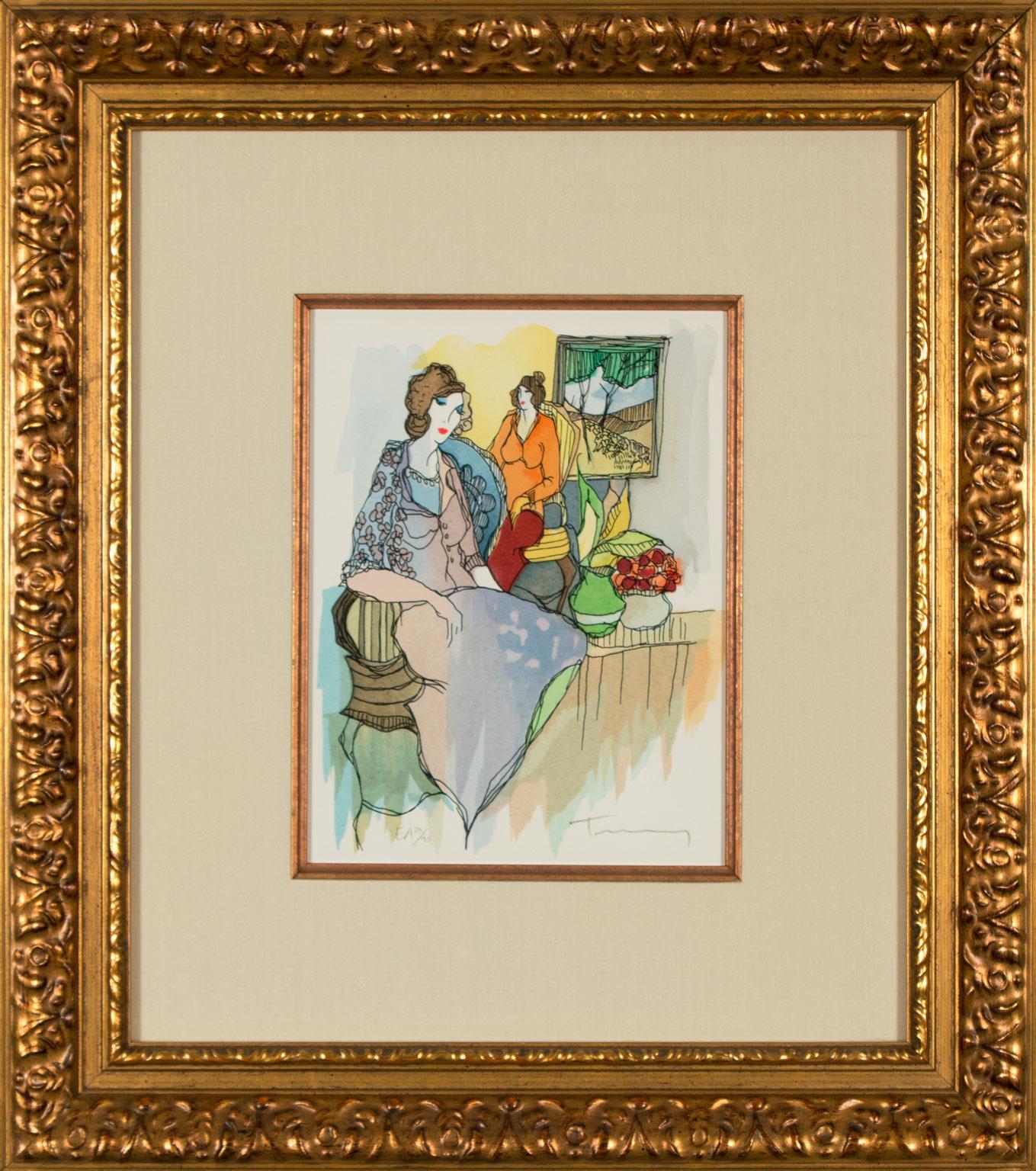 ITZCHAK TARKAY – "VISITING FRIENDS"
⚜ Serigraph in Color on Wove Paper ⚜ Hand Signed and Annotated AP 23/90 ⚜ Gilt Wood Frame

VIBRANT INTERIOR PORTRAIT
Printed in 2001, "Visiting Friends" depicts two elegantly dressed women in conversation, set