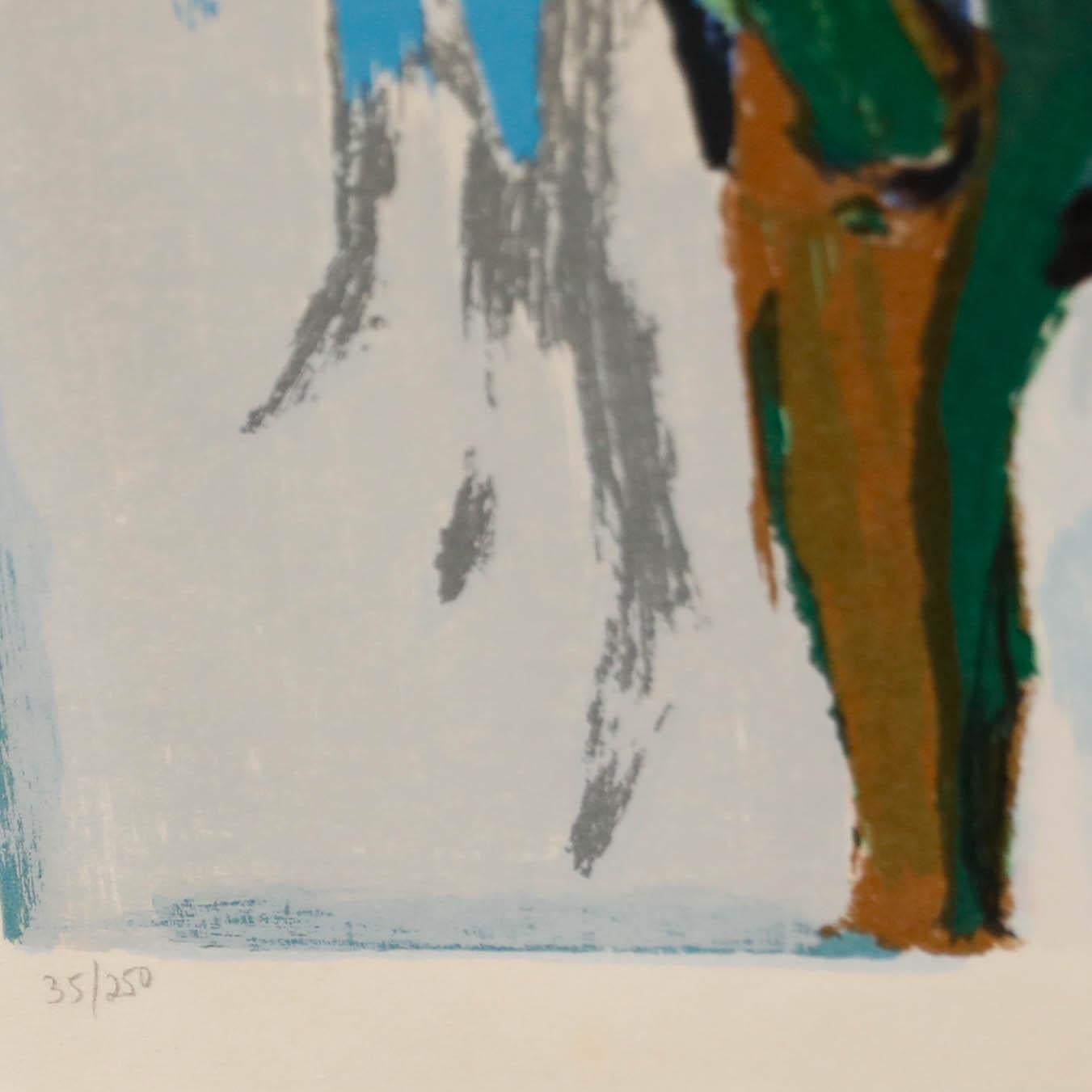 A large limited edition serigraph print by Itzchak Tarksay (1935-2012). Signed in pencil to the lower margin and dated 1976. Editioned 35/250. Presented in a contemporary silver-coloured frame. Labelled verso. On paper.