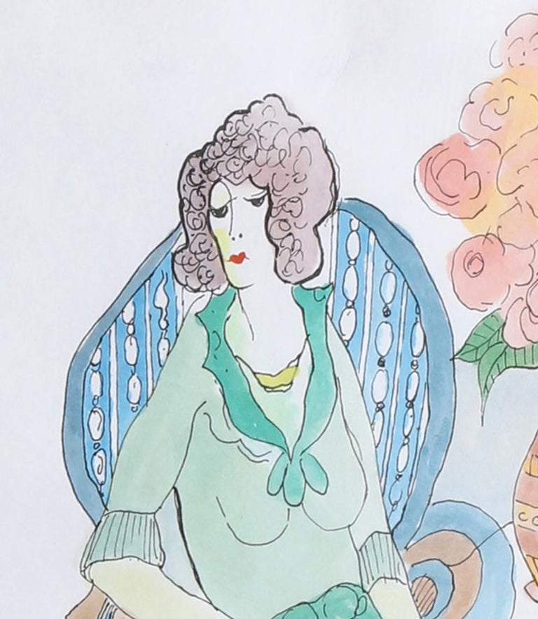 Itzchak Tarkay Lady Seated, Watercolor For Sale at 1stDibs