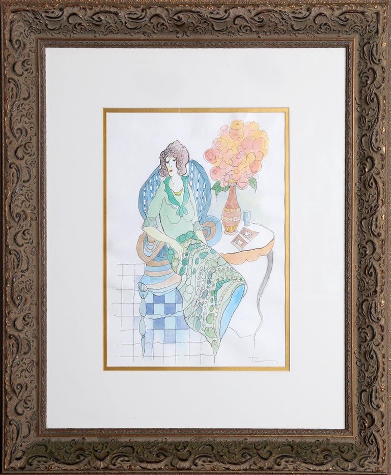 Itzchak Tarkay Lady Seated, Watercolor For Sale at 1stDibs