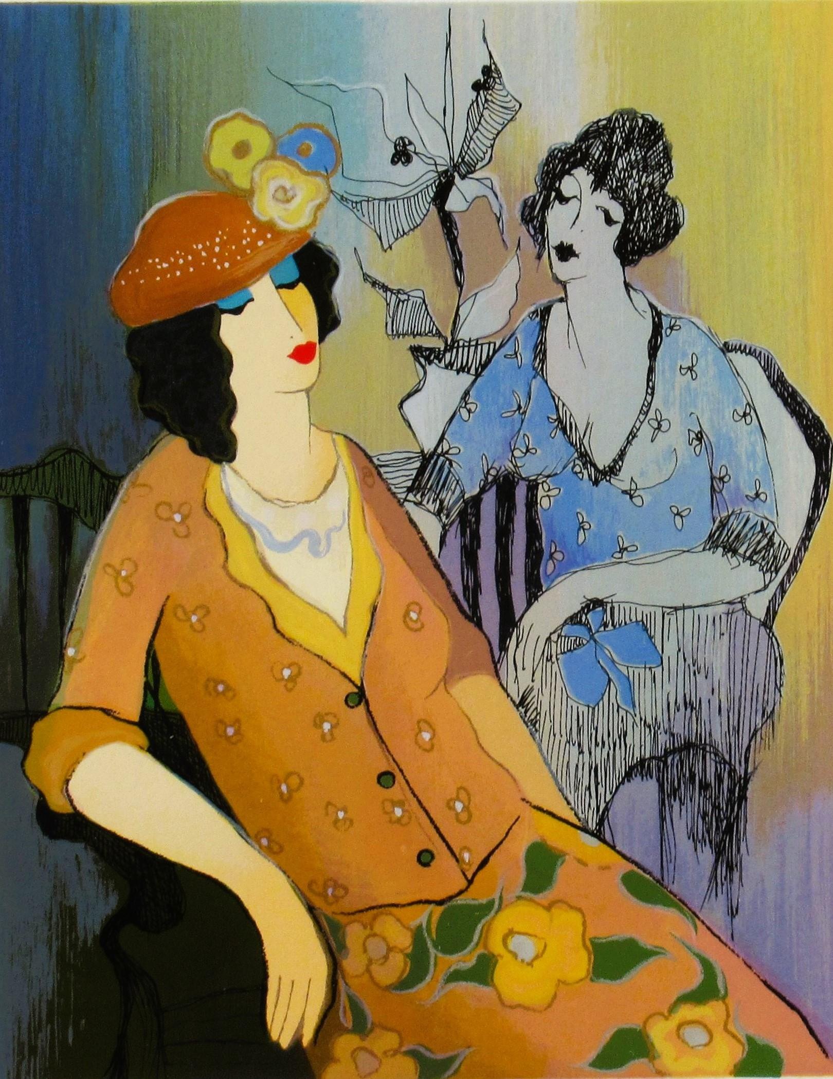 Sophia entspannt sich im Cafe (Art déco), Print, von Itzchak Tarkay