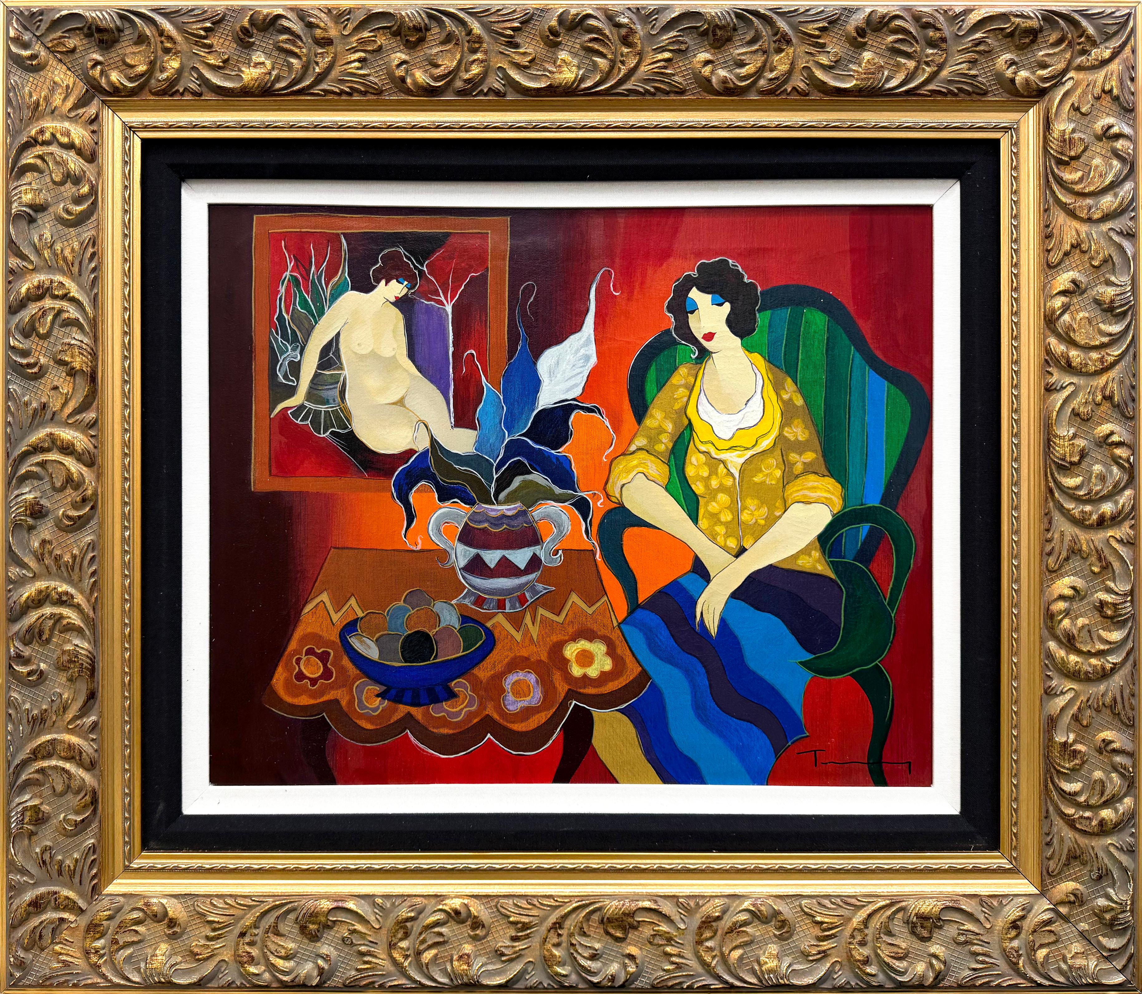 Itzchak Tarkay Portrait Print - Tranquility (framed hand painted serigraph on canvas)