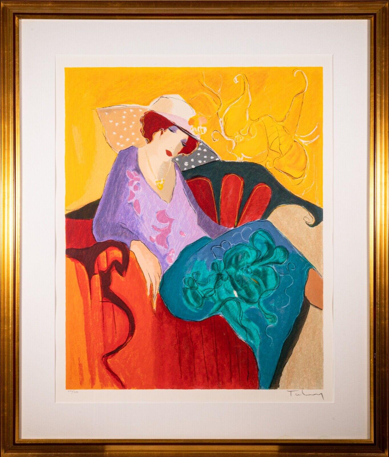 A timeless contemporary textured serigraph on paper depicting a seated lady in purple by Israeli artist Itzchak Tarkay. Hand signed in pencil on the bottom right with an annotation of 296/350 on the bottom left. From a private collection.