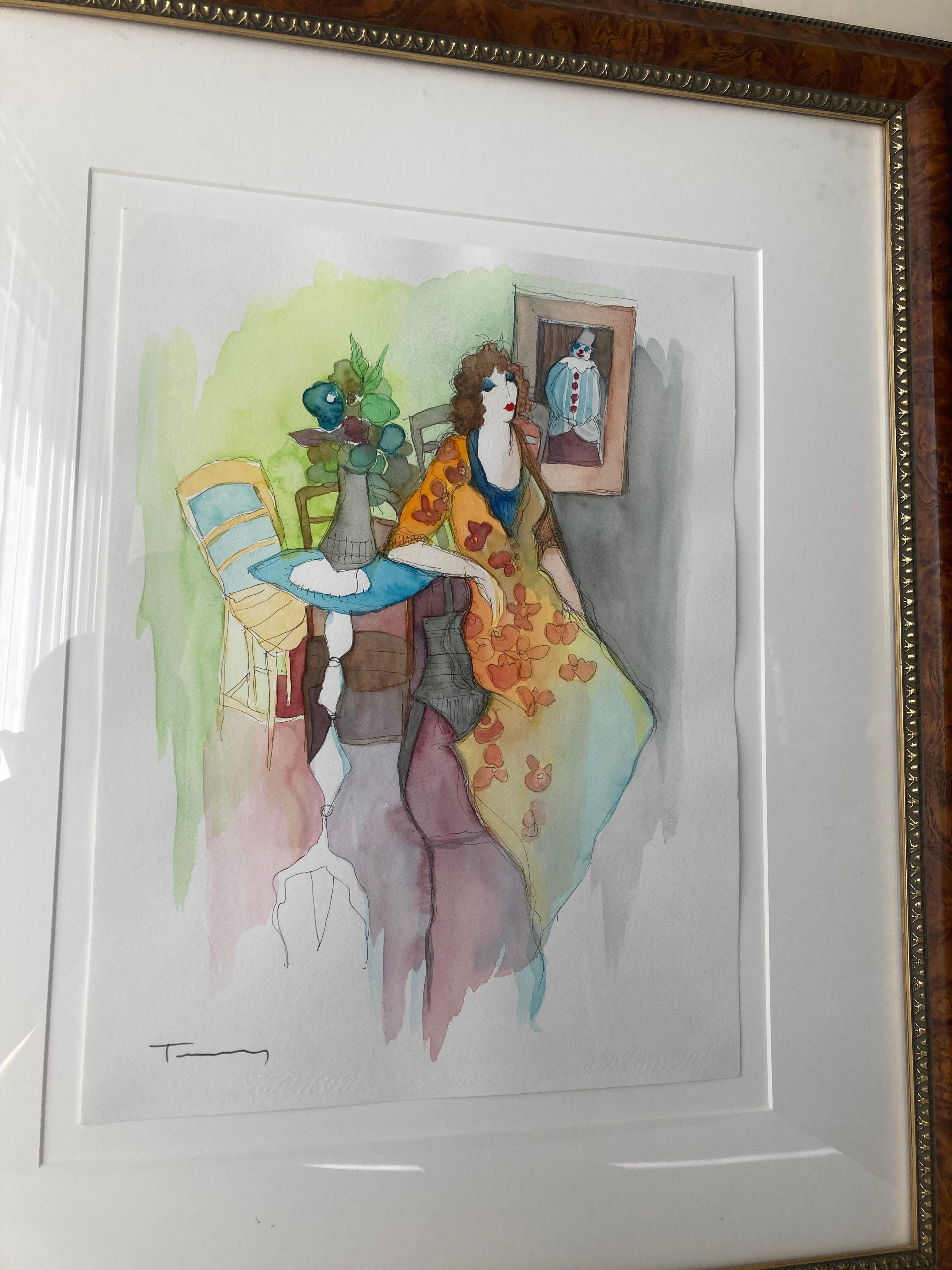 American Itzchak Tarkay Watercolor Painting, Signed, Label For Sale