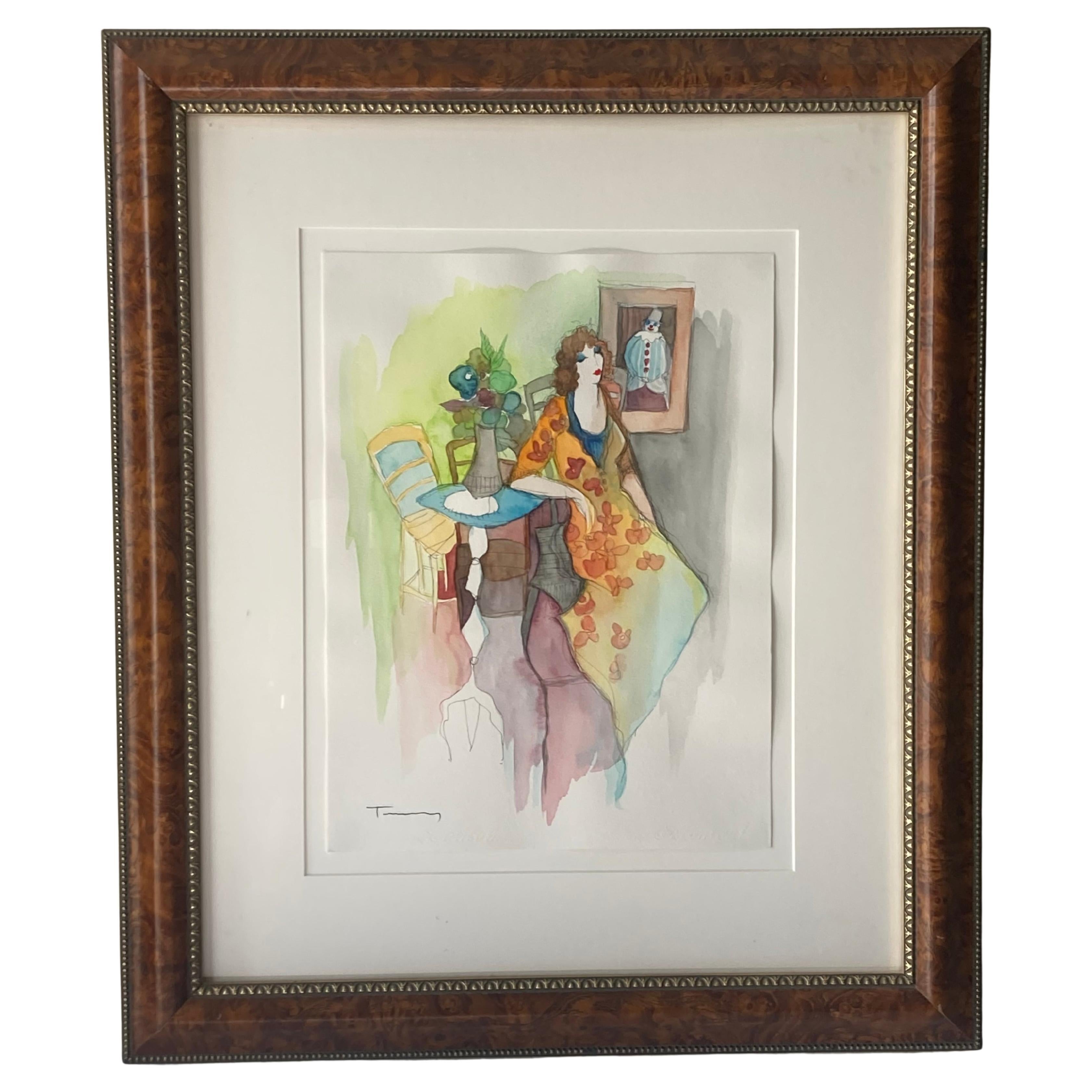 Itzchak Tarkay Watercolor Painting, Signed, Label