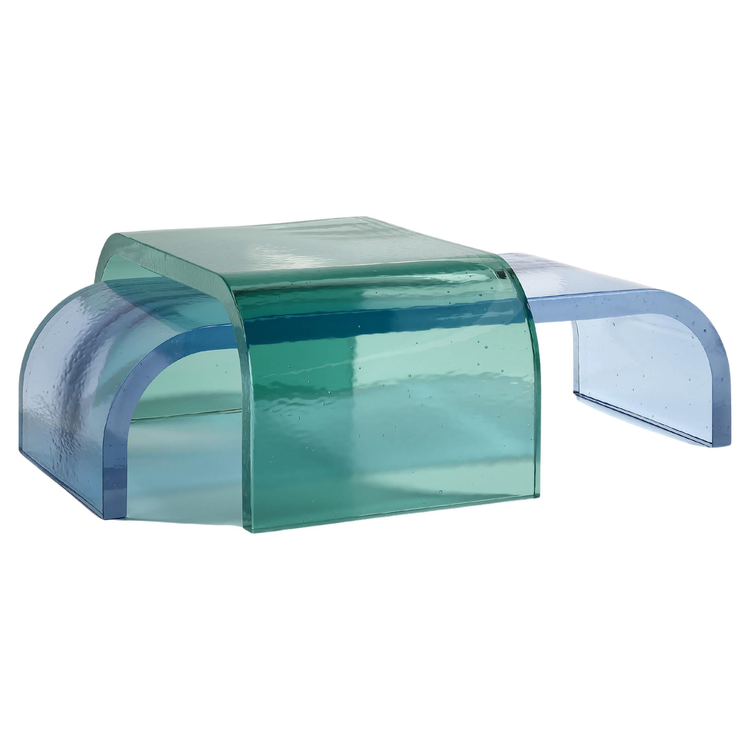 Couchtisch-Set aus grünem und blauem Kiln-Glasgussglas mit Lünette von Fred&Juul im Angebot