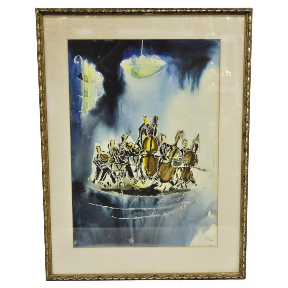 Itzhak Nesher (Austrian Israeli b 1929) "String Group" Judaica Watercolor Signed For Sale