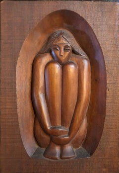 Israeli Solid Carved Mahogany 'Solitude'  Wood Figural Sculpture Carving