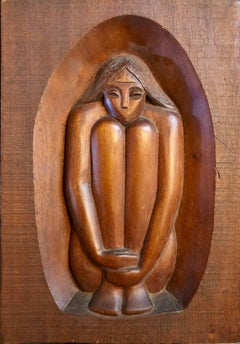 Israeli Solid Carved Mahogany 'Solitude'  Wood Figural Sculpture Carving 