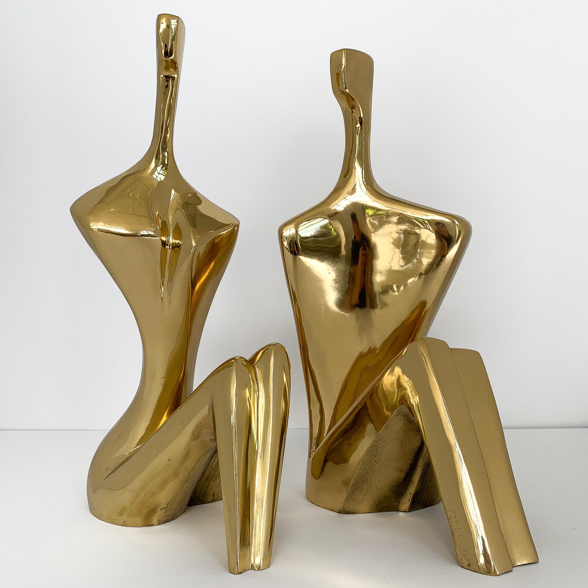 Itzik Ben Shalom (Israel, b 1945) modernist solid bronze sculpture. Abstract two seated male and female figures titled 