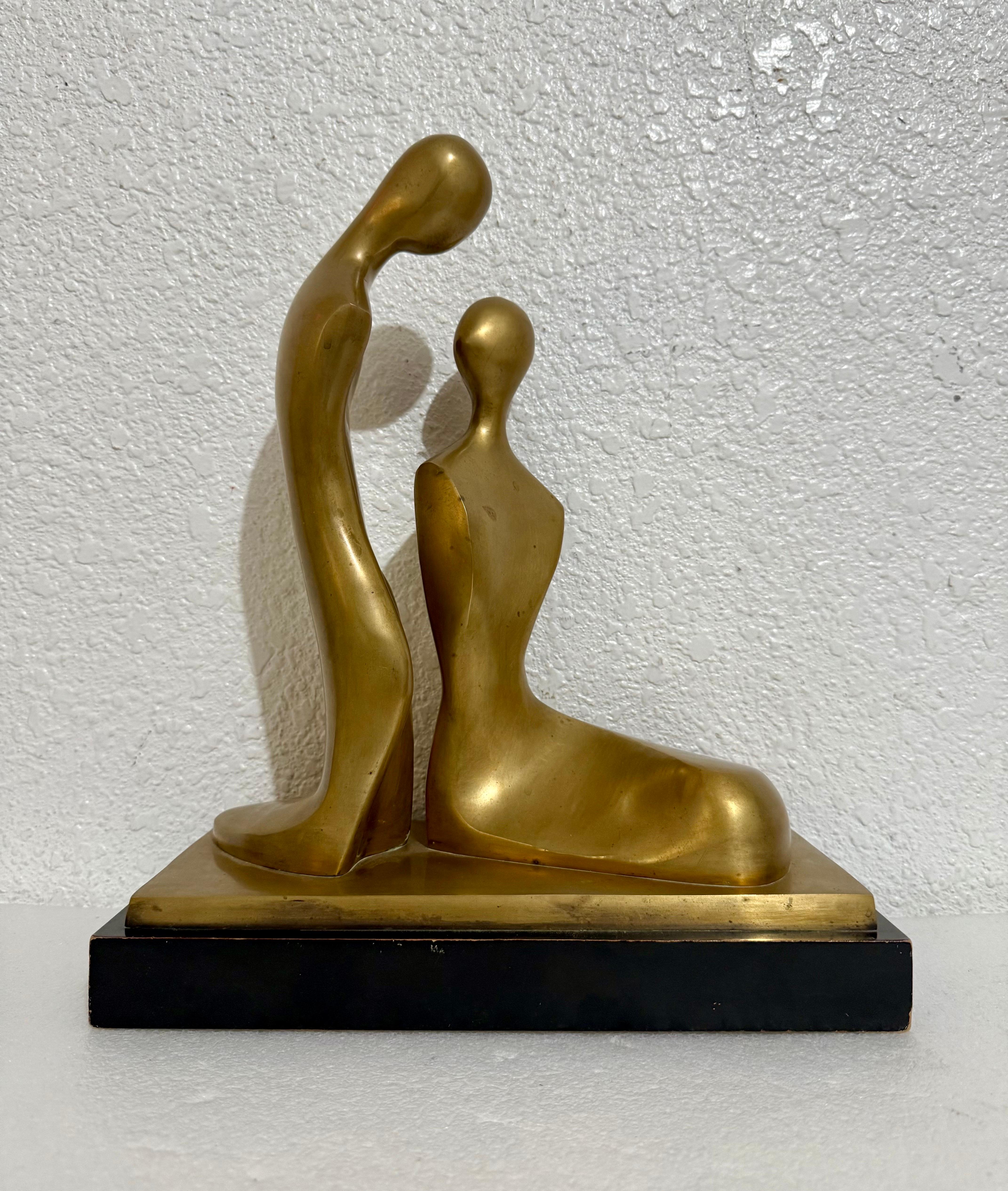 Itzik Benshalom Israeli Bronze Sculpture Homage to Henry Moore Couple of Lovers - Gold Abstract Sculpture by Itzik Ben Shalom