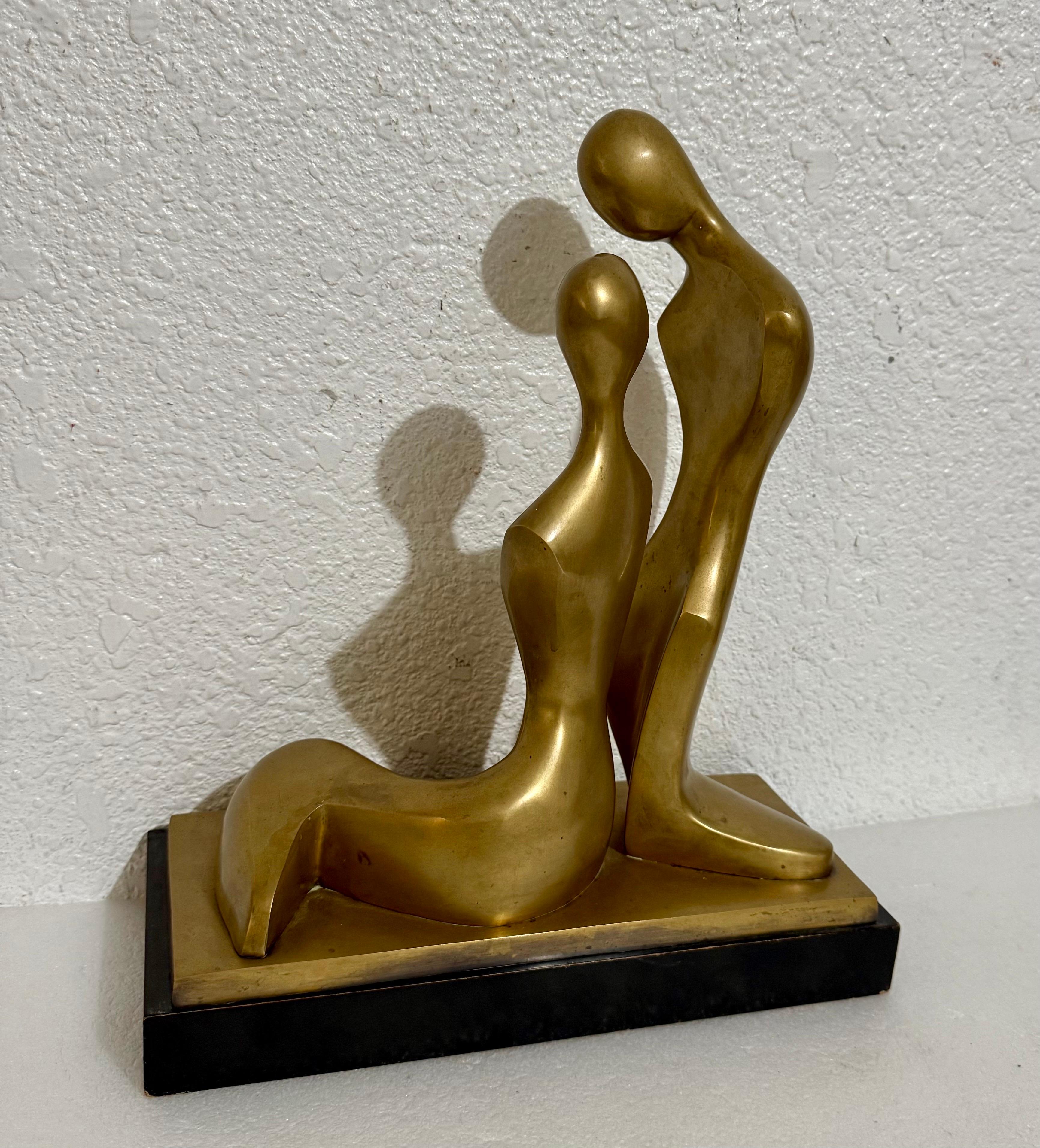 Itzik Benshalom (Israeli, 1945-2018)
Lovers
Mounted on black plinth base
This is not hand signed or numbered and might be a maquette for a larger work. 
Material is bronze or brass
Dimensions: 14