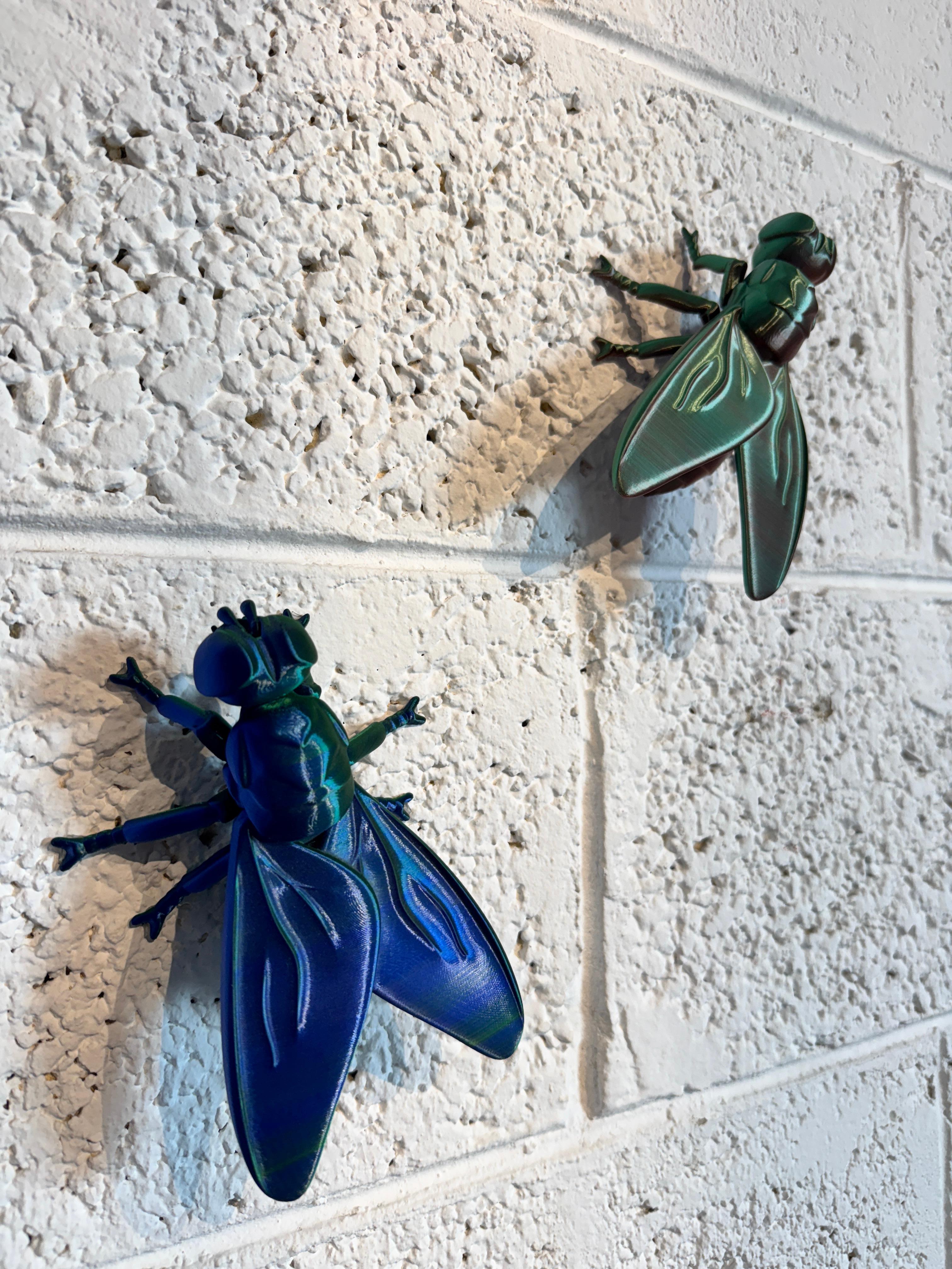 2 Synthetic Flies (brown blue green) - pop art sculpture, wall sculpture