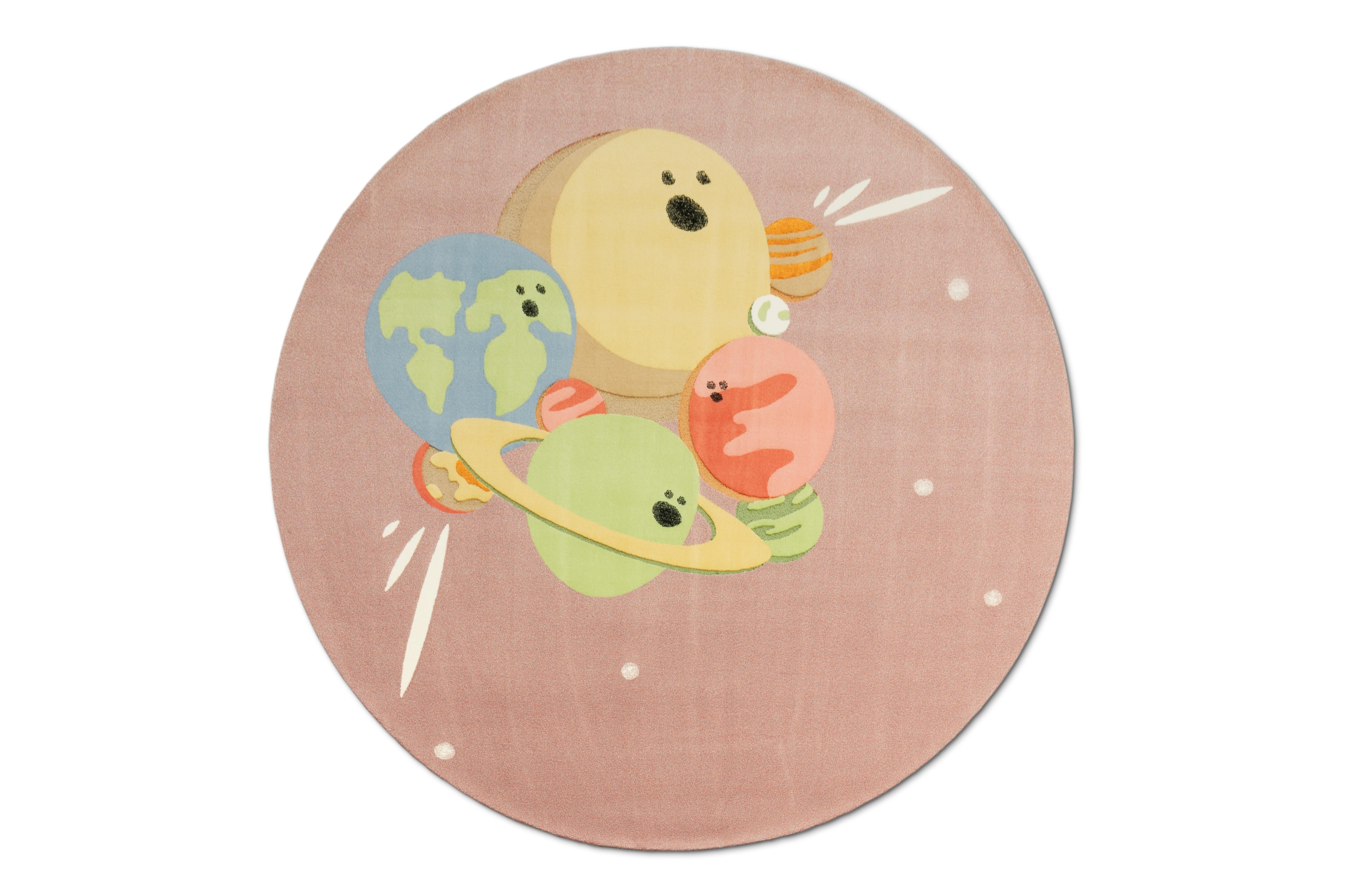 Hand-Crafted Modern  Botanical Silk Round IV Planets Kid's Rug by Circu Magical Furniture For Sale