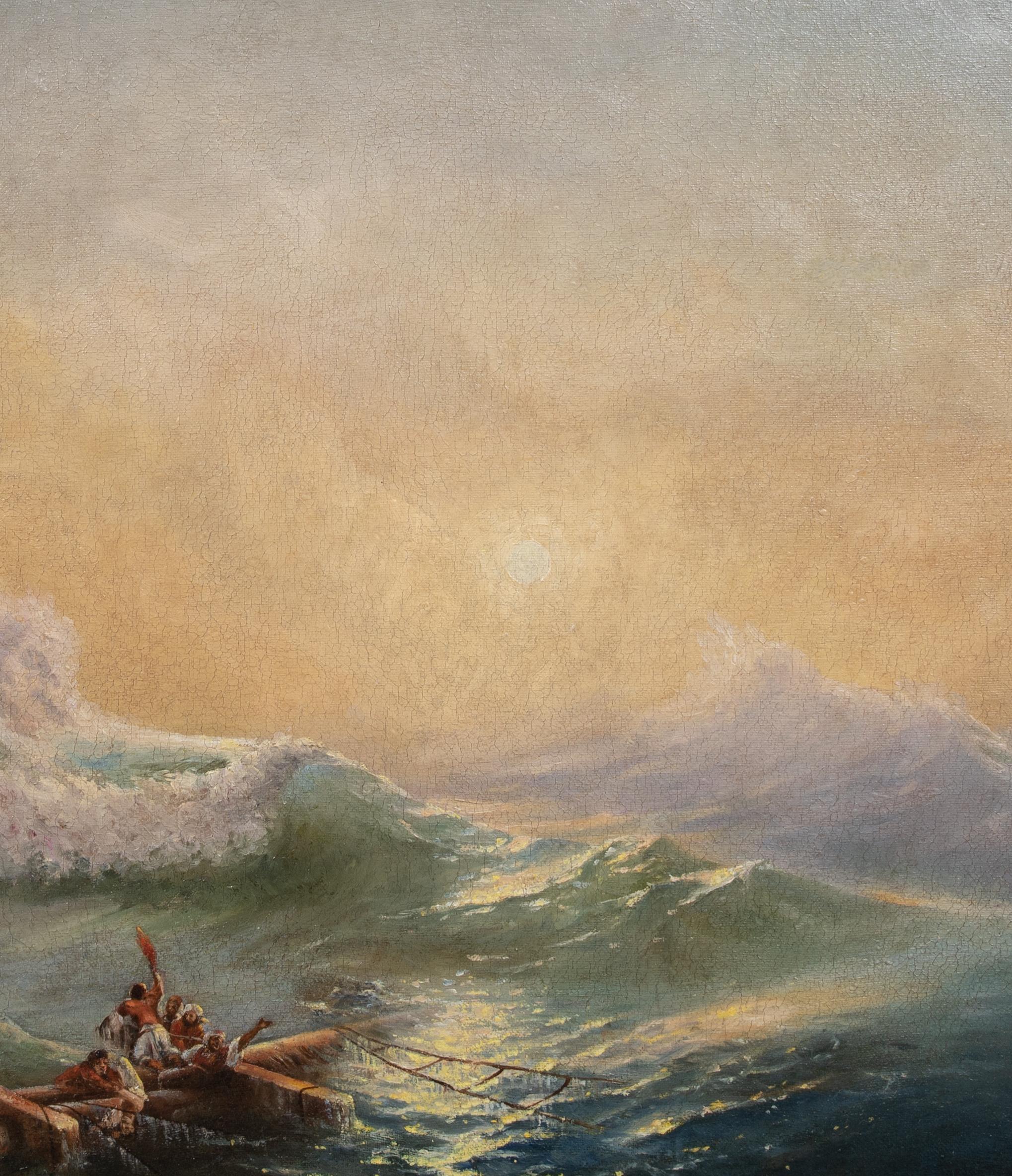 The Ninth Wave, 19th Century

after IVAN AIVAZOVSKY (1817-1900)

Large 19th Century view of shipwrecked figures at sea, oil on canvas inscribed to Ivan Aivazovsky. Excellent quality and condition scene capturing the beauty and destructive nature of