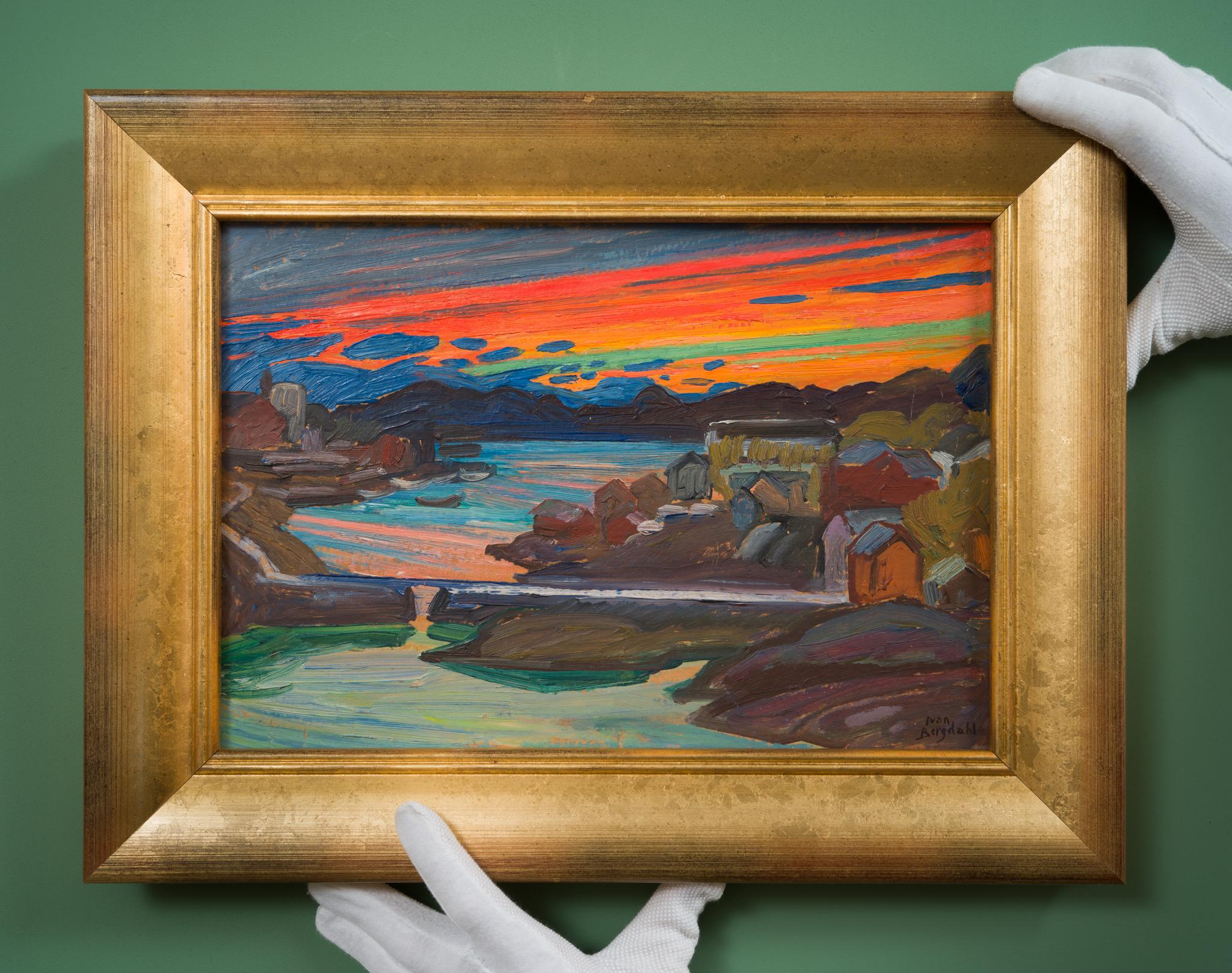 Pittura a olio raffigurante il tramonto su Svolvær, Lofoten - Painting di Ivan Bergdahl