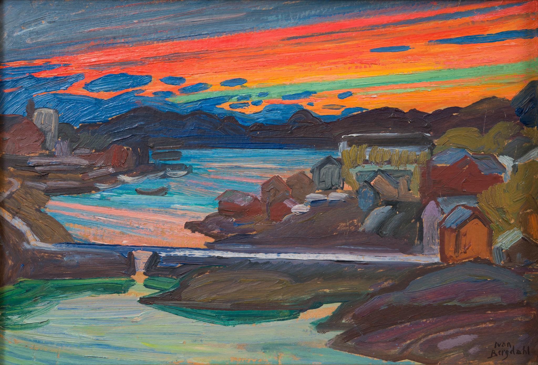Pittura a olio raffigurante il tramonto su Svolvær, Lofoten - Painting Naturalismo di Ivan Bergdahl
