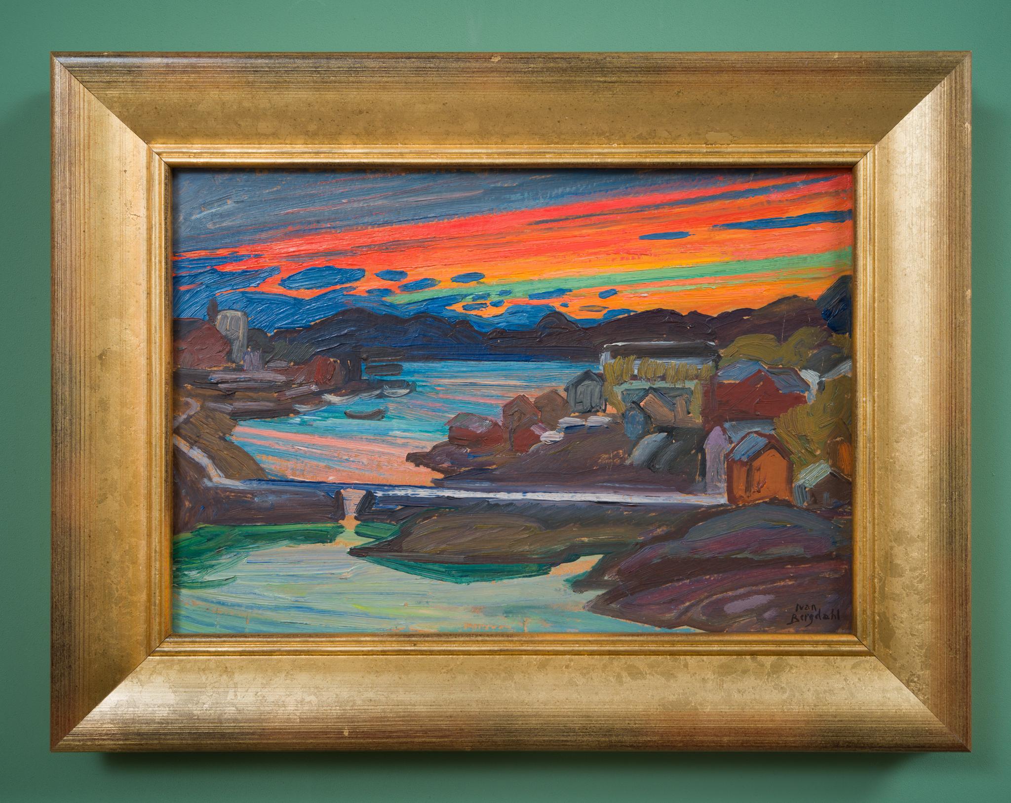 Pittura a olio raffigurante il tramonto su Svolvær, Lofoten - Landscape Painting Marrone di Ivan Bergdahl
