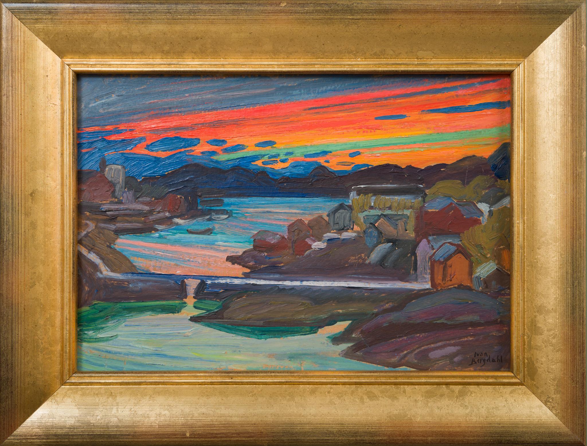 Pintura al óleo que representa una puesta de sol sobre Svolvær, Lofoten