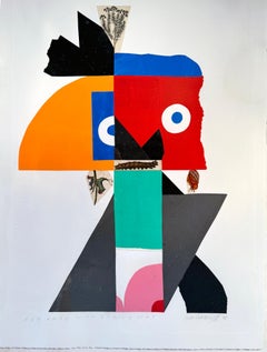 Collage astratto geometrico a colori piatti "Vecchia signora con cappello primaverile".