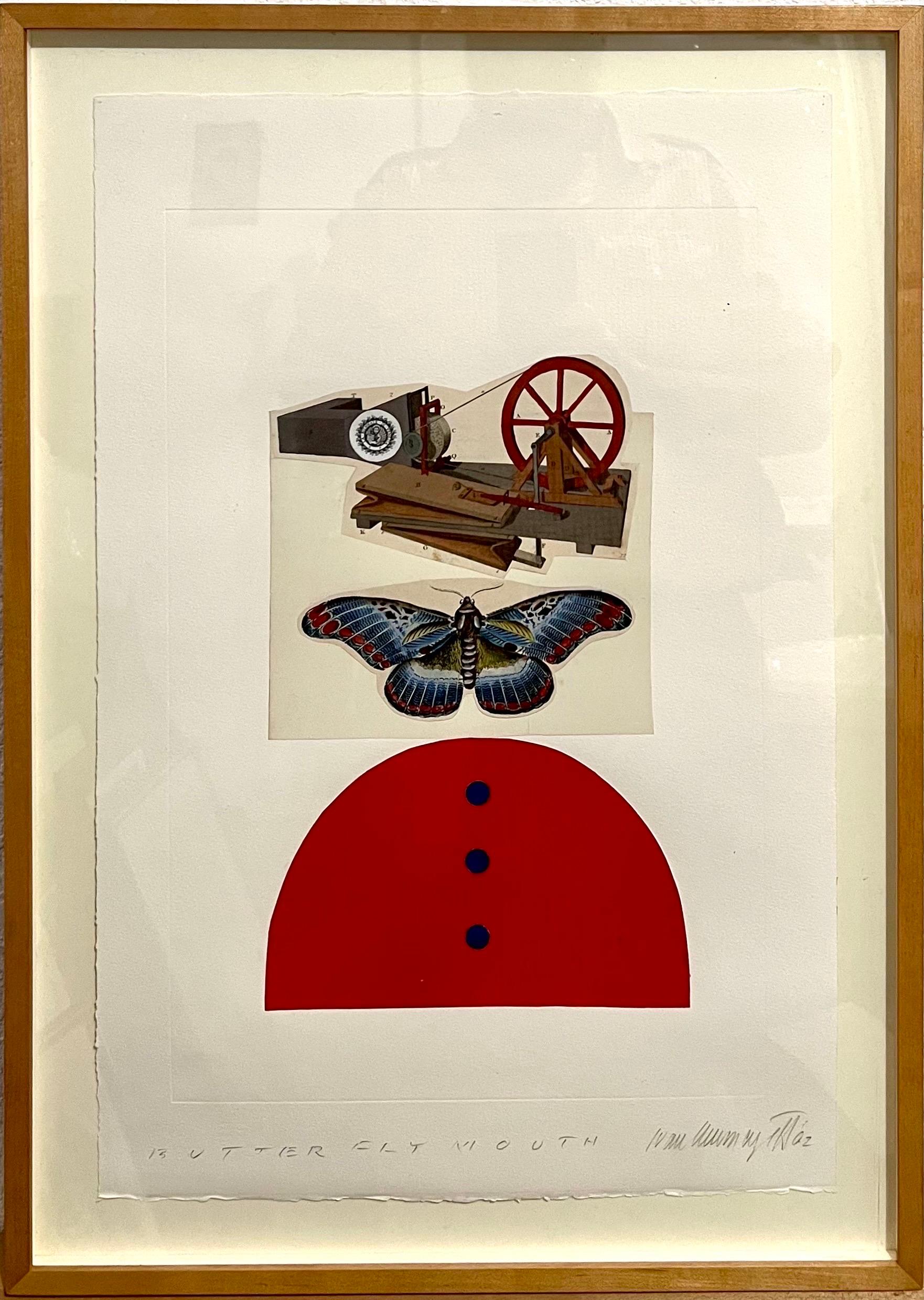 Ivan Chermayeff (1932-2017): 
Schmetterlingsmaul
Collage in Mischtechnik, 2002, handsigniert "Ivan Chermayeff" und datiert unten rechts, betitelt unten links.
Bären Label von David Findlay Jr. Gallery, NY.

22 1/2 x 15 Zoll (Blatt), 25 3/4 x 18 1/4