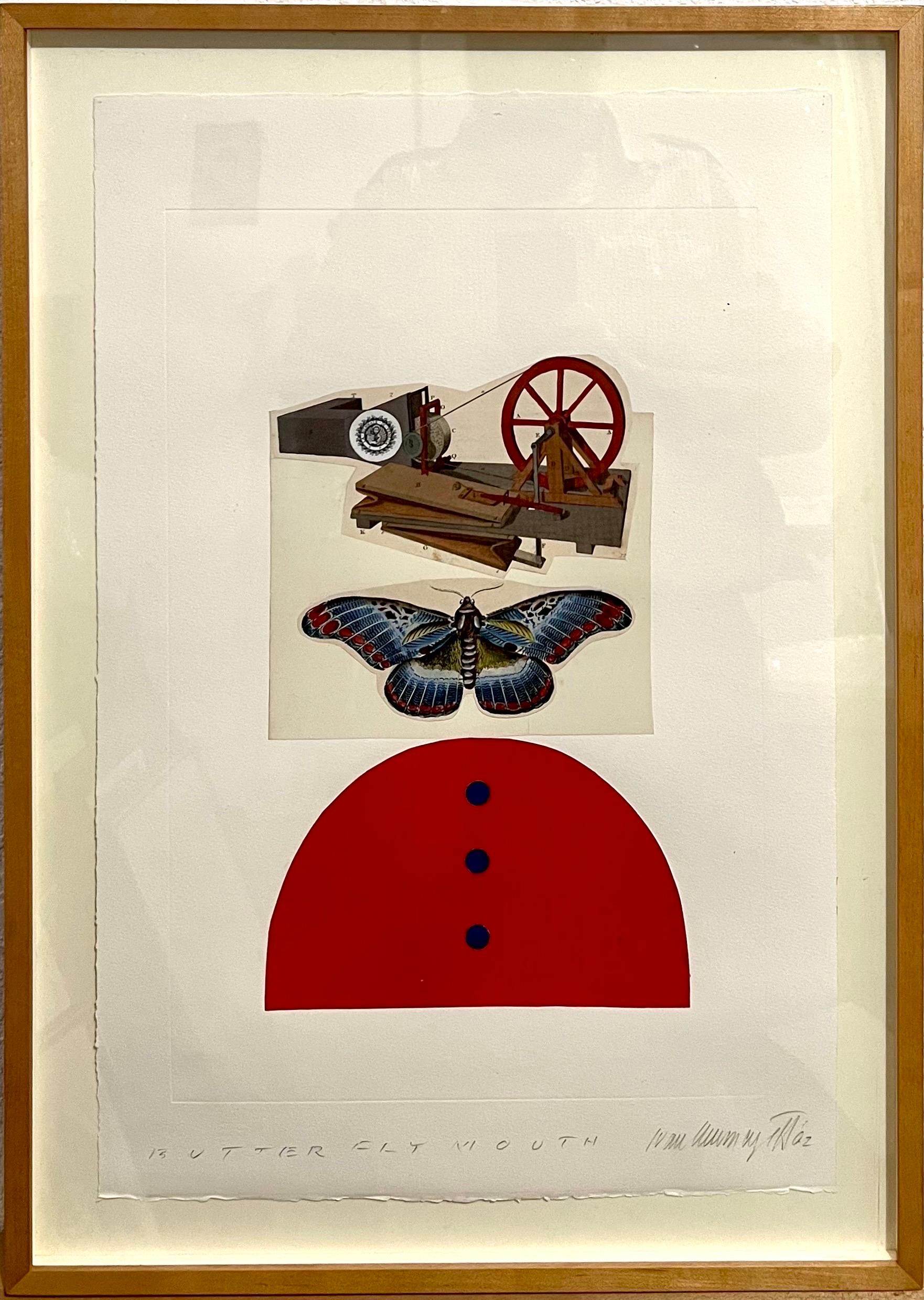 Ivan Chermayeff (1932-2017): 
Butterfly Mouth
Mixed media collage, 2002, hand signed 
Ivan Chermayeff
 and dated lower right, titled lower left.
Bears label from David Findlay Jr. Gallery, NY.

22 1/2 x 15 in. (sheet), 25 3/4 x 18 1/4 in.