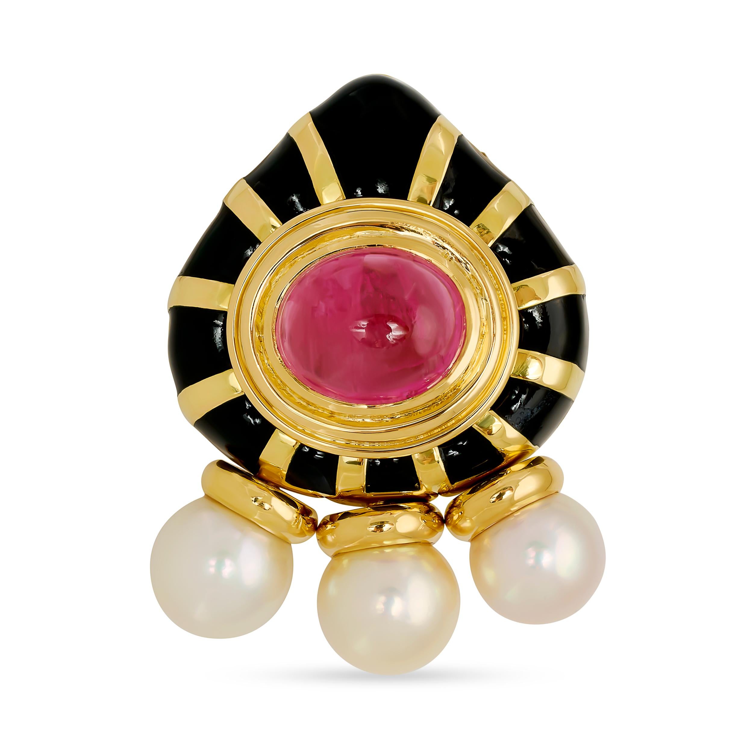Cabochon Ivan & Co. 18 Karat Black Enamel, Tourmaline and Pearl Earrings (Clip-On) For Sale