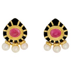 Ivan & Co. 18 Karat Black Enamel, Tourmaline and Pearl Earrings (Clip-On)