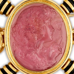 Ivan & Co. 18 Karat Yellow Gold Carved Tourmaline, Pearl and Black Enamel Pin