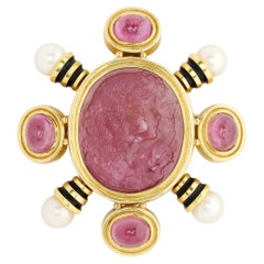 Ivan & Co. 18 Karat Yellow Gold Carved Tourmaline, Pearl and Black Enamel Pin