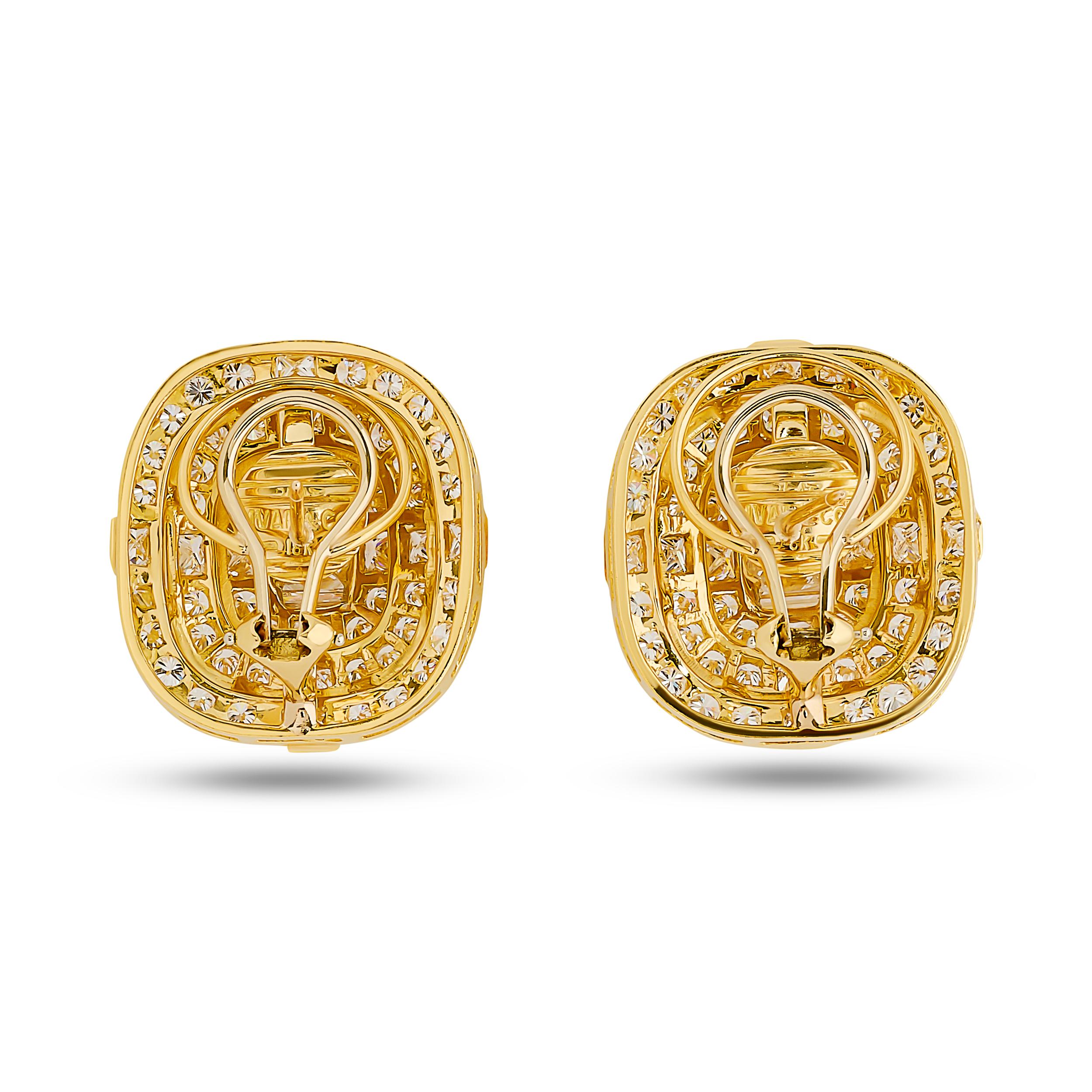 These Ivan & Co earrings showcase a dazzling array of round and princess-cut diamonds, meticulously set in concentric circles of 18k yellow gold, creating a captivating geometric design with a radiant sparkle.

Total diamond weigh is approximately