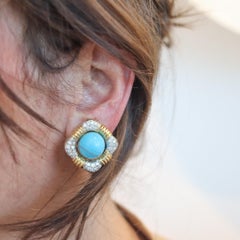 IVAN & CO. Modernist Turquoise Clips Earrings 18Kt Gold With 3.20 Ctw Diamonds