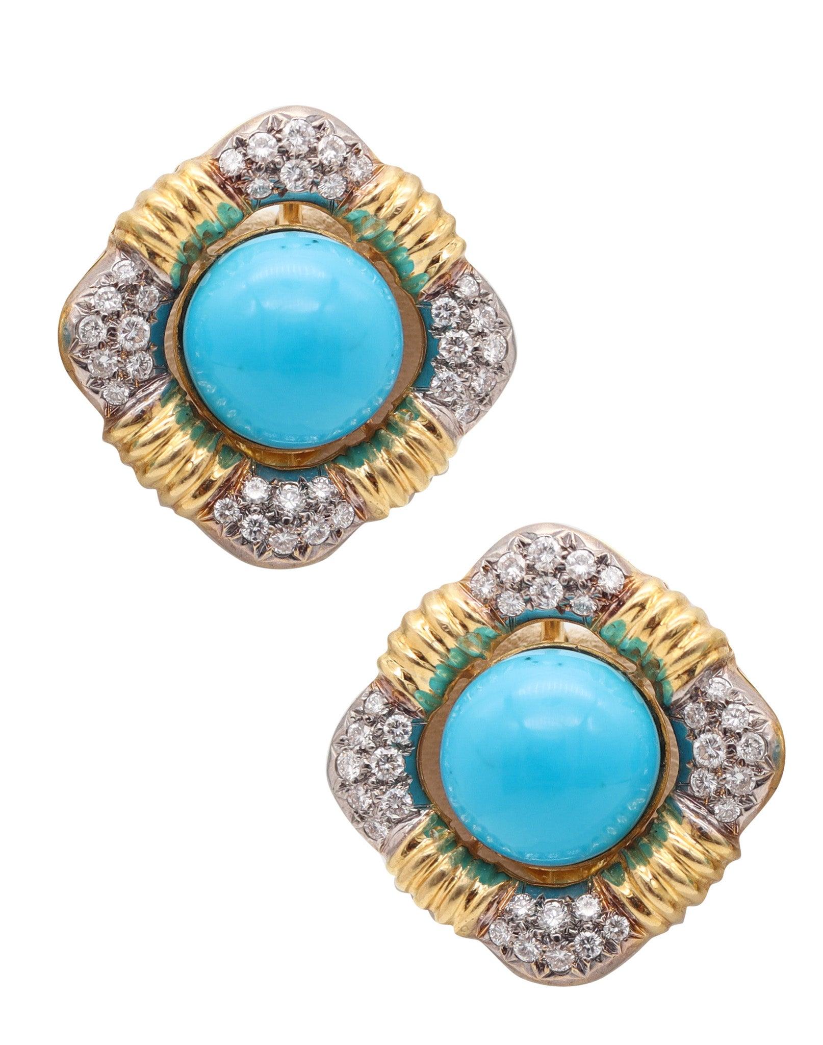 IVAN & CO. Pendientes modernistas de turquesa en oro de 18 quilates con diamantes de 3,20 qt