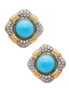 IVAN & CO. Pendientes modernistas de turquesa en oro de 18 quilates con diamantes de 3,20 qt