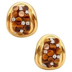 Ivan Co Vintage Modernist Earrings 18Kt Yellow Gold With Diamonds And Tiger Quartz