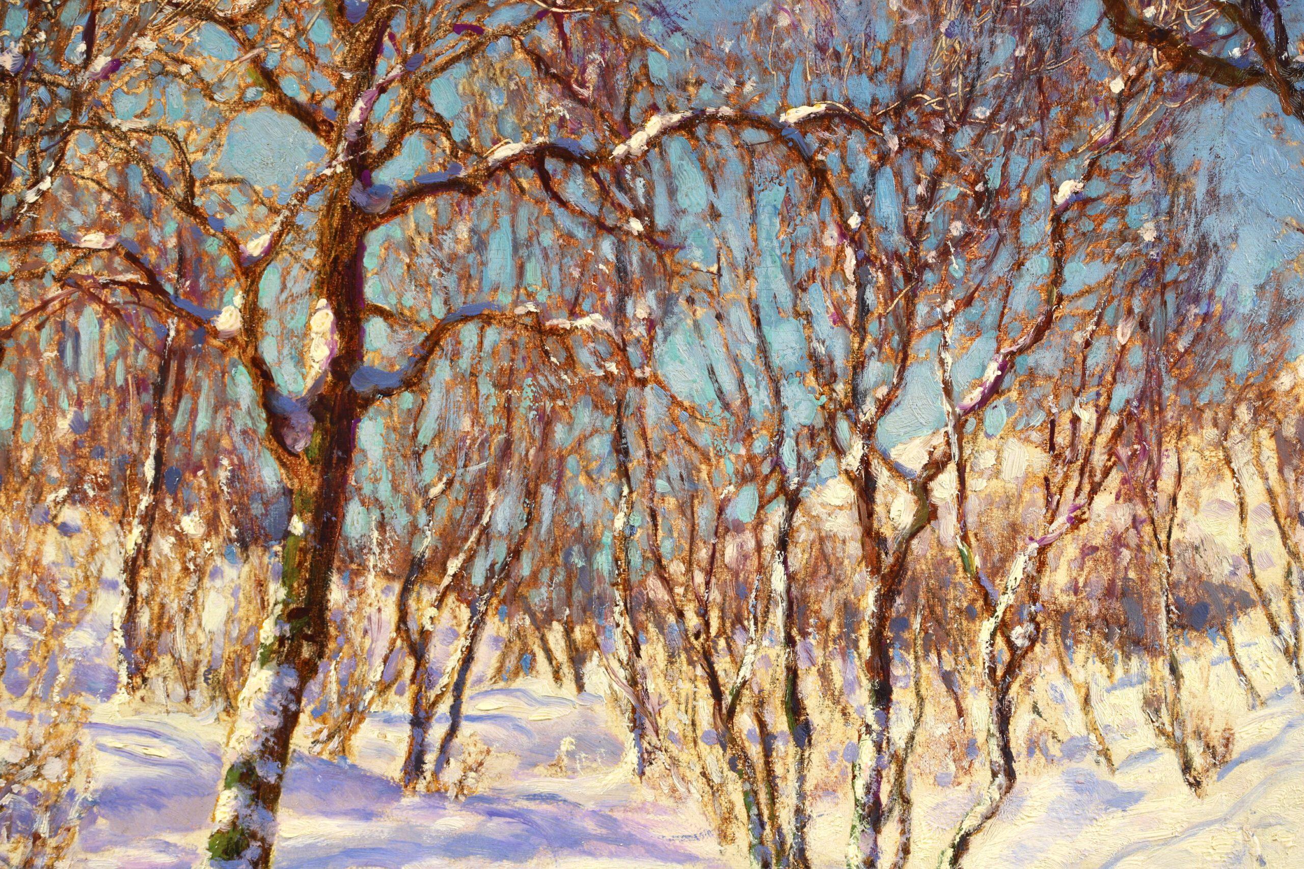 Signed and dated oil on canvas landscape by Russian Realist painter Ivan Fedorovich Choultse. This stunning piece depicts the winter sun shining down on a thick blanket of snow. The bare trees are creating blue shadows on the white snow and a stream