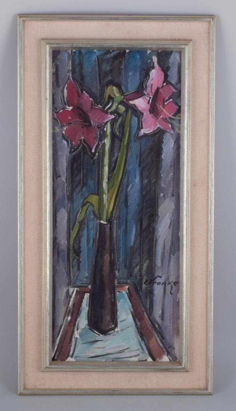 Ivan Franke, Swedish artist. Oil on canvas. Modernist still life with amaryllis. For Sale 2