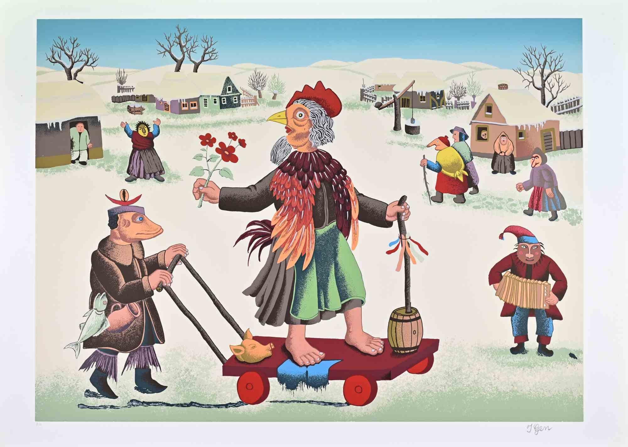 Masquerade in Winter - Screenprint by Ivan Generalic - 1976
