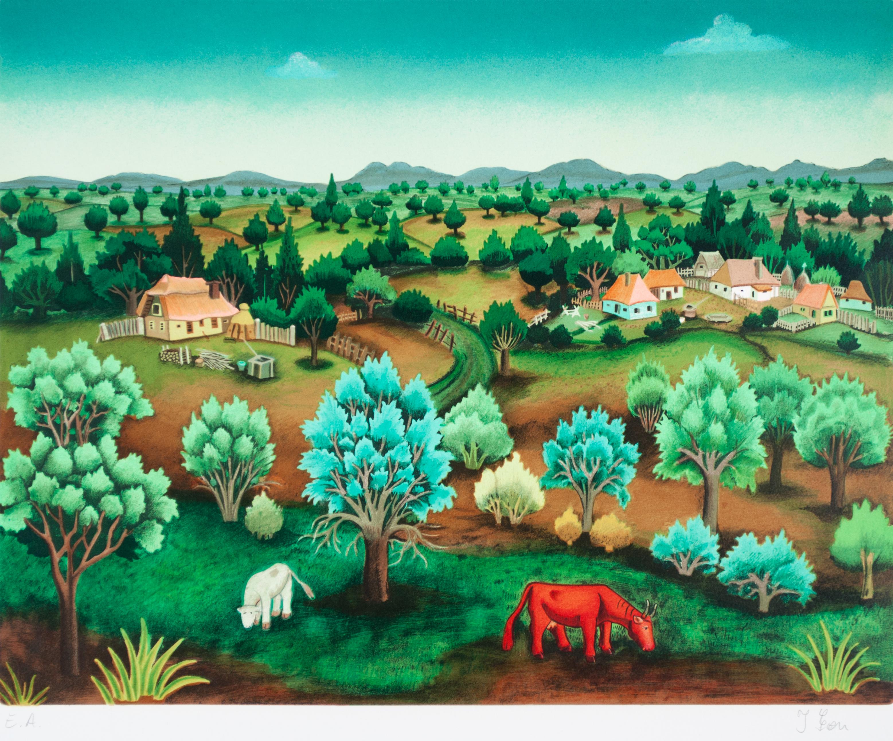 Ivan Generalic Landscape Print - Red cow