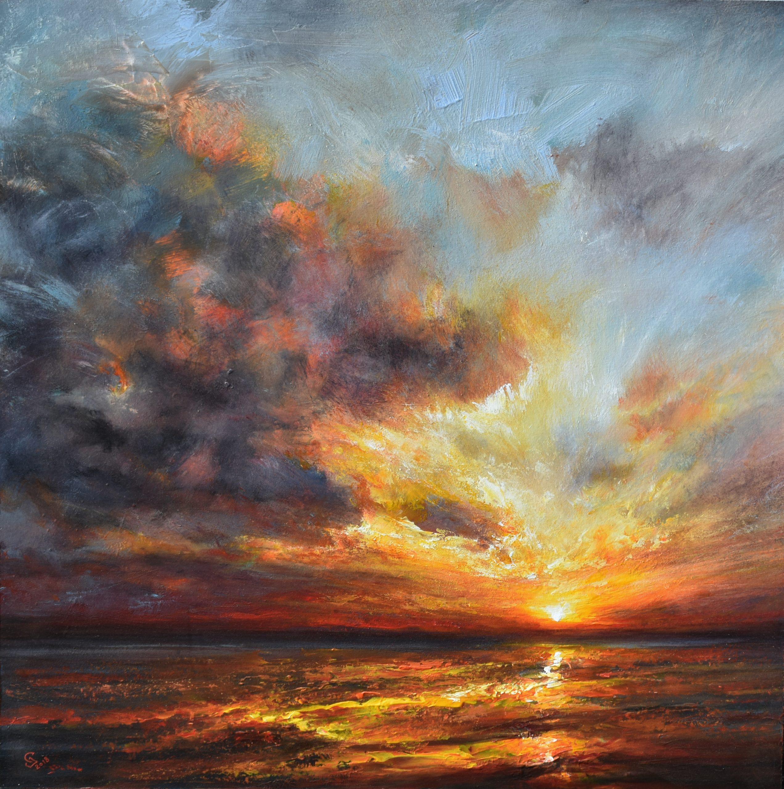 Landscape Painting di Ivan Grozdanovski - Cogli l'attimo - Dipinto astratto originale a olio su tela raffigurante un tramonto sul mare