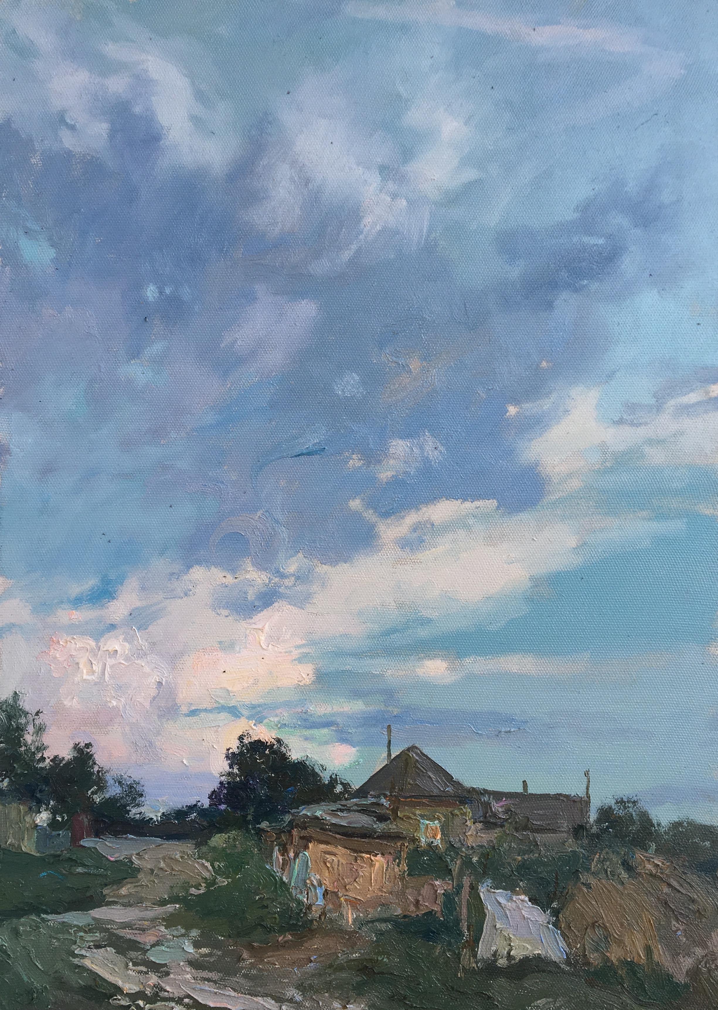 Ivan Ivanovich Shyshman Landscape Painting – Breath Of Heaven - Landschaftsgemälde Blau Weiß Grün Braun Grau