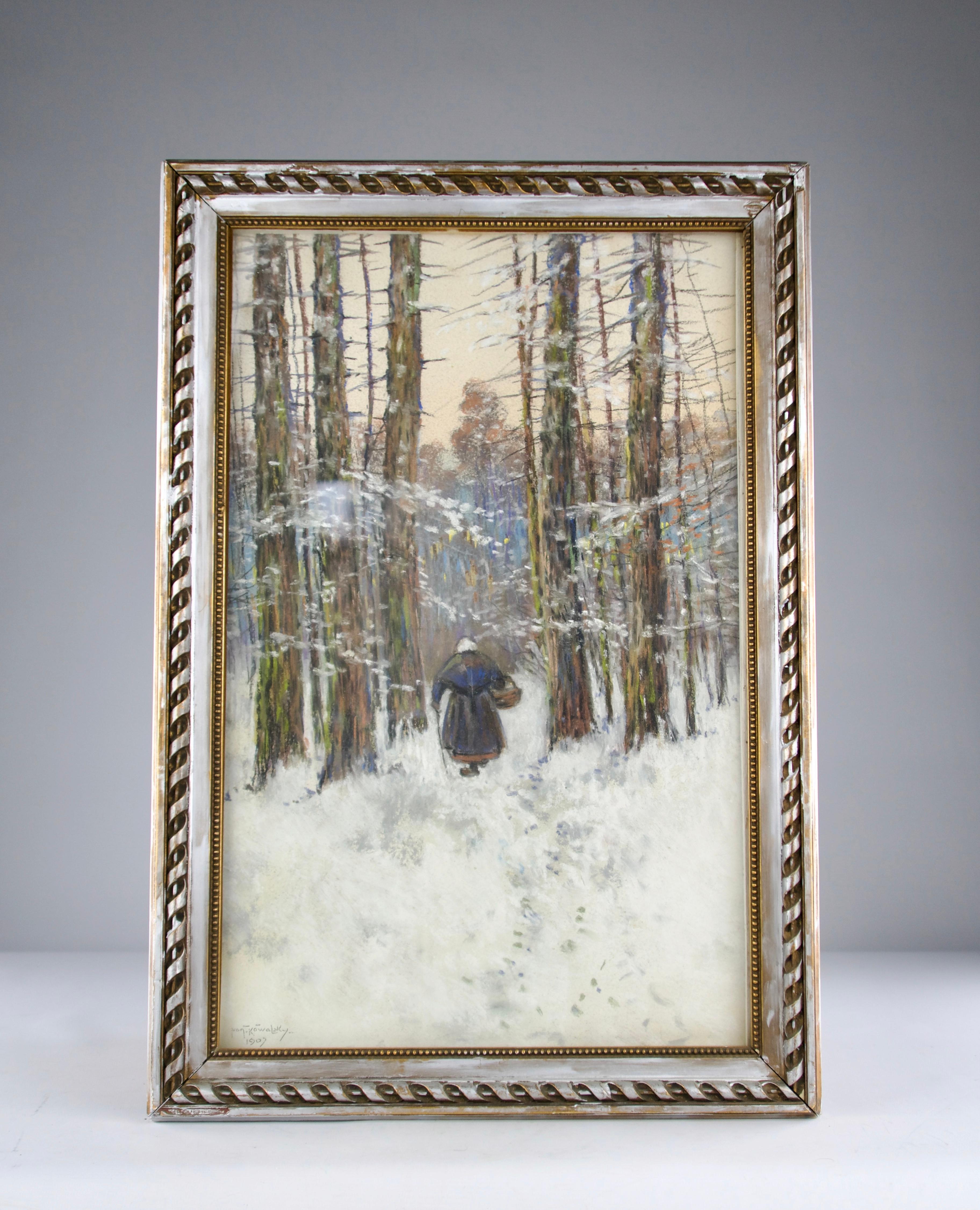 Beautiful pastel on paper by Ivan Ivanovitch Kowalski (1839-1937), signed and dated 1907. Depicting a woman walking in a snowy forest. Post-impressionist work of the Russian school.

Good condition and framed.

Dimensions in cm :
- View 47 x 30
-